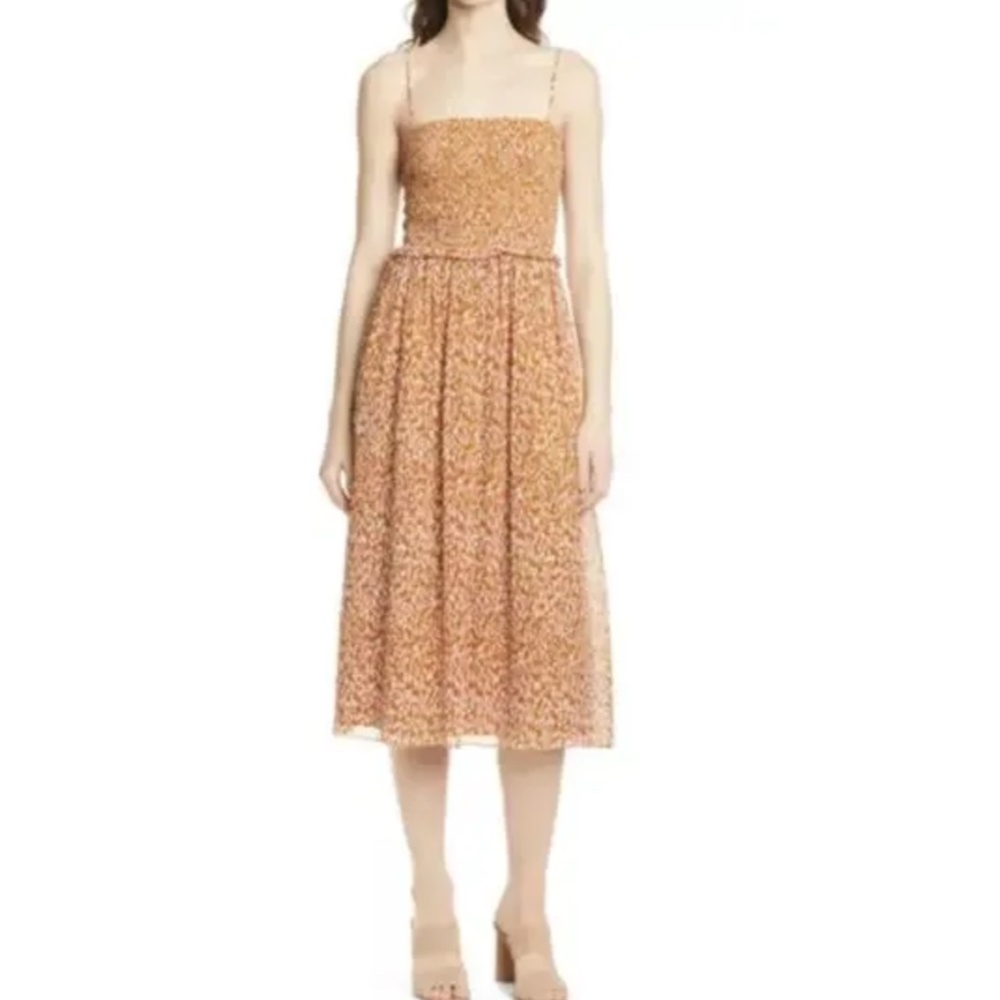 Joie Ambroise Printed Smocked Silk Copper Midi Dress Size M Boho Stretchy